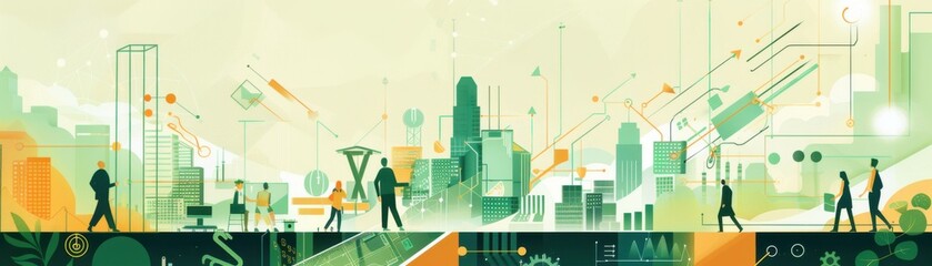 Obraz premium Sustainable tech innovations, advanced blockchain analytics, high economic prosperity, flat design illustration