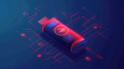 Ecofriendly battery, blockchain ledger with red alerts, insolvent fintech company, flat design illustration