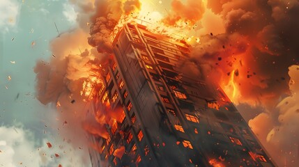 Smoke and physical structure explode in fiery destruction. 