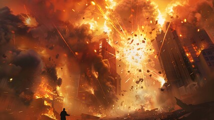 Smoke and physical structure explode in fiery destruction. 