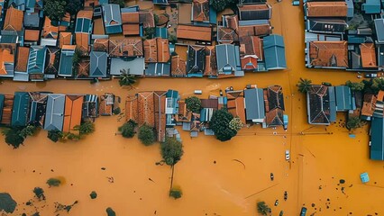 Aerial POV view Depiction of flooding. devastation wrought after massive natural disasters