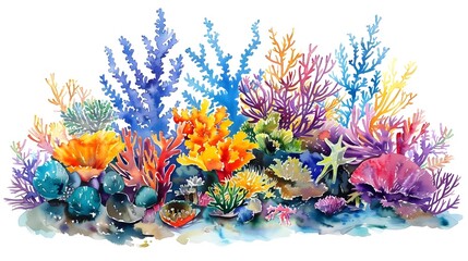 Vibrant Underwater Coral Reef with Diverse Marine Species in Watercolor Painting
