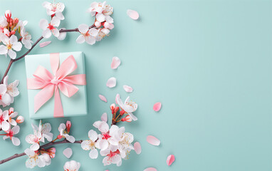 Fototapeta premium Delicate Cherry Blossoms and a Pastel Blue Gift Box on a Serene Blue Background with Copy Space