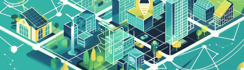 Robust blockchain infrastructure, home energy storage systems, cuttingedge green building technology, flat design illustration