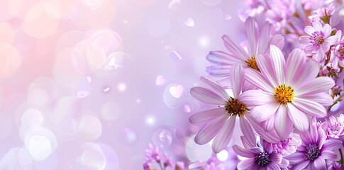 Obraz premium 3d rendering of white daisies and small flowers on purple background with copy space for text, top view. Spring or summer floral banner design template