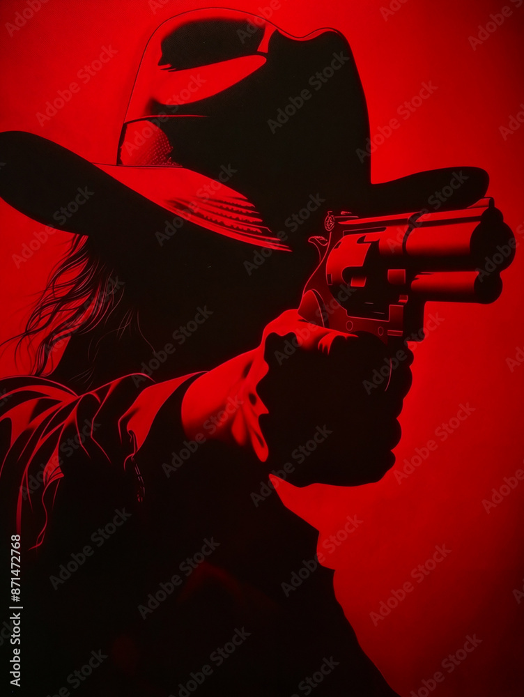 Wall mural Shadowed person aiming a revolver and wearing a cowboy hat