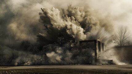 Smoke and physical structure explode in fiery destruction. 
