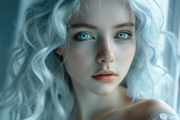 A close-up photo of a woman with blue eyes