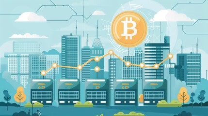 Commercial energy storage units, rising financial graph, secure blockchain ledger, flat design illustration