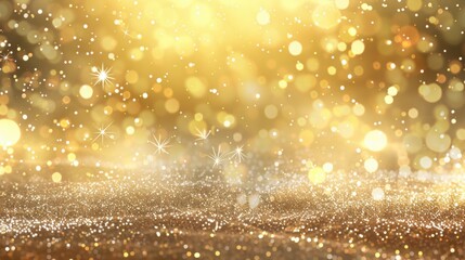 Obraz premium A sparkling abstract background with a golden bokeh effect and glittery particles, creating a festive and magical atmosphere.