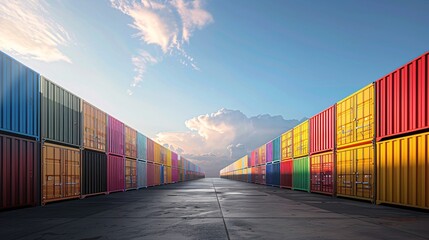 Fototapeta premium Rows of Vibrant Shipping Containers in the Transport Business. Colorful and Organized Containers at a Busy Shipping Yard