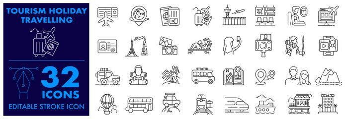 Tourism holiday Travelling Editable Stroke line icon sets. Included icons Tourist, traveller, vacation and more.