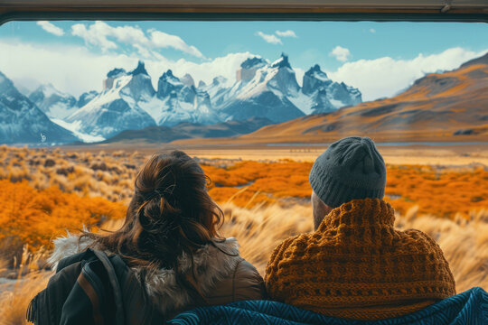 Back view of a senior couple sitting in a train, admiring the scenic mountain landscape