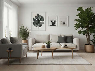 Modern Scandinavian home interior design features an elegant living room with a comfortable sofa, mid-century furniture, cozy carpet, wooden floor, white walls and home