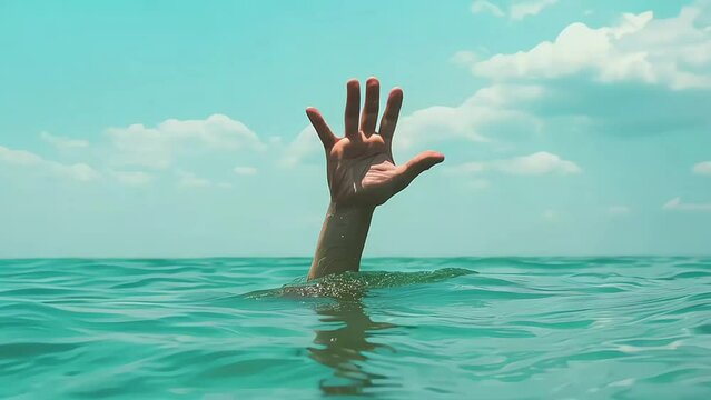 single hand of drowning man in sea asking for help