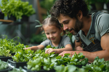 Father and daughter gardening together in a greenhouse. Concept of an alternative method of plant cultivation. Plant milking