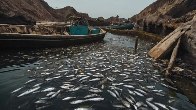 Hundreds of dead fish floating with plastic waste and polluted in the sea. AI Generative.