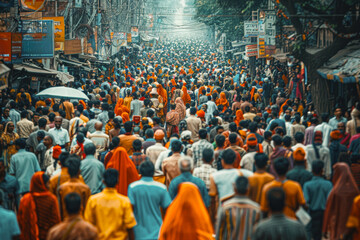A large crowd of people are walking down a street