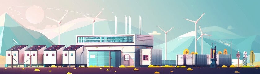 Fototapeta premium Significant asset accumulation, energy storage solutions for remote areas, flat design illustration