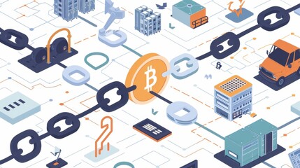 Broken blockchain chain, smart grid components, backup energy storage, flat design illustration