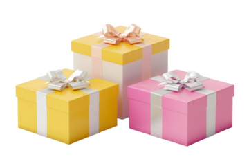 yellow white pink gift boxes isolated on transparent background