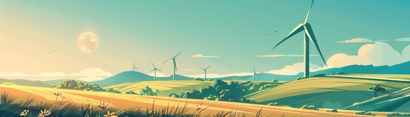 Fototapeta premium Largescale wind turbine farm, secure blockchain transactions, highvalue cryptocurrency portfolio, flat design illustration
