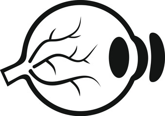 Simple black and white icon of a human eyeball showing the blood vessels, optic nerve and pupil