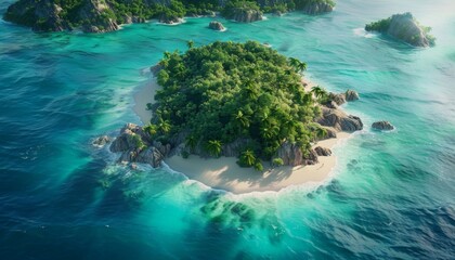 Aerial view of a lush tropical island surrounded by turquoise water, pristine beaches