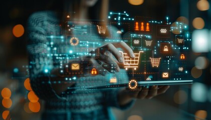 Person shopping online with economic icons economics digital economy