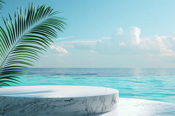 Empty Podium With Palm Leaf Overlooking Tranquil Seascape