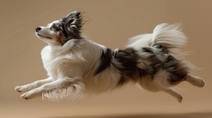 Elegant long-haired dog mid-jump against a neutral background, showcasing grace and agility in motion.