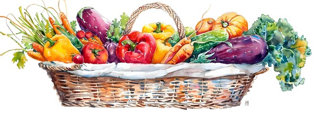 Watercolor Painting of a Basket Filled with Farm Fresh Vegetables on White Background