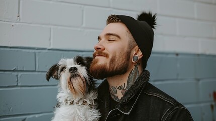 Young man with tattoos and beanie posing with his dog in front of a brick wall, showcasing companionship and urban lifestyle.