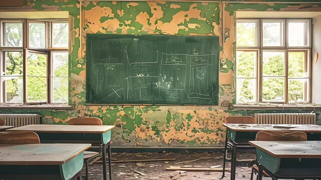 degraded empty classroom in bad condition. Education gap issue