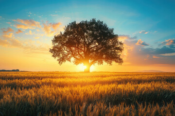 Fototapeta premium At sunrise, a tree on the grassland