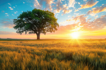 Obraz premium At sunrise, a tree on the grassland