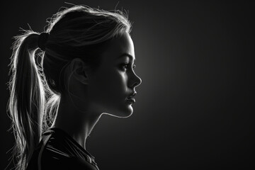A portrait of a young woman filmed in a studio, with a backlit profile image