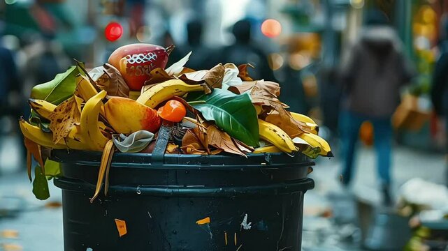 A trash can from a city street full of food waste
