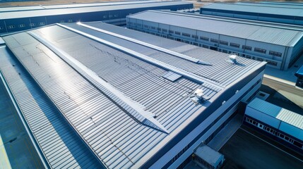 Fototapeta premium Large warehouse building with modern metal roof. The roof is designed to be durable and efficient, providing good protection from the weather.