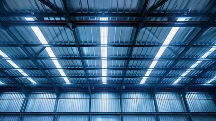 Large warehouse building with modern metal roof. The roof is designed to be durable and efficient, providing good protection from the weather.