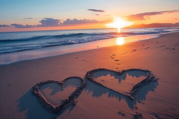 Two hearts drawn in the sand in a beach at sunset. Love and romance concepts
