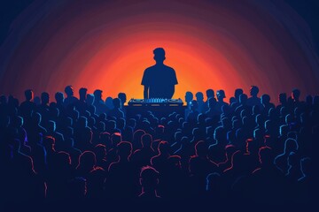 Silhouette of a solo performer on stage against a striking sunset backdrop with an enraptured crowd creating a mesmerizing and atmospheric concert moment