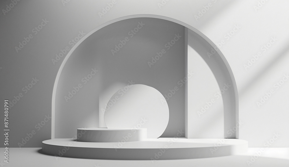 Poster 3D render, abstract white background with empty podium scene and light shadow for product display presentation mock up design, luxury minimal style geometric platform studio stand showcase template in