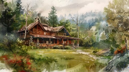 Obraz premium Cozy Mountain Chalet Retreat with Rustic Charm and Serene Watercolor Scenic Views