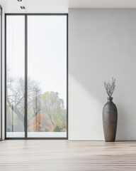 Minimalist interiors design apartment composition with minimal arrangements next to a window. Residential interiors in neutral colors.