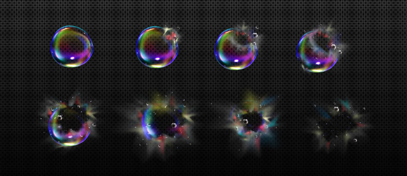 Iridescent soap bubble burst and disappear sequence steps for animation. Sprite sheet for flying rainbow colored transparent liquid soapy detergent or shampoo sphere. Realistic 3d vector set.