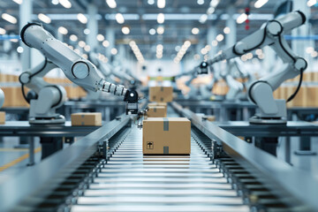 Obraz premium Artificial intelligence robots sort goods
