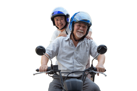 Asian senior man and Asian senior woman riding motorcycle