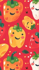 Fototapeta premium Smiling Bell Peppers on Red Patterned Wallpaper
