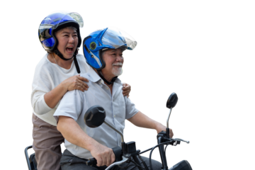 Asian senior man and Asian senior woman riding motorcycle